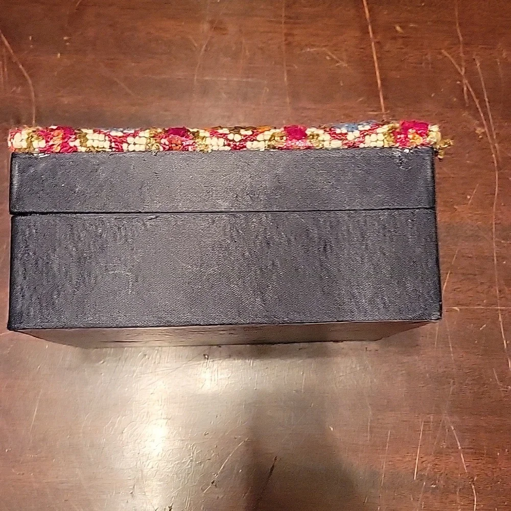 Vintage Tapestry Needlepoint Floral Jewelry Box with Aqua Blue Lining